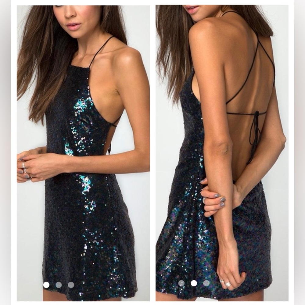 Sz M Dainty Hooligan Black Iridescent Sequin Halter Mini Dress